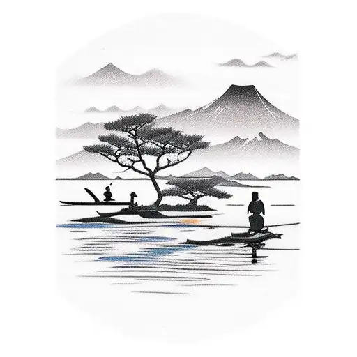 A serene lake scene with a silhouette of a family enjoying a sunset tattoo design idea