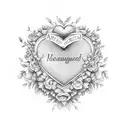 A heart-shaped floral wreath with the names of your kids and husband intertwined tattoo design idea
