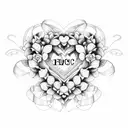 A heart-shaped floral wreath with the names of your kids and husband intertwined tattoo design idea