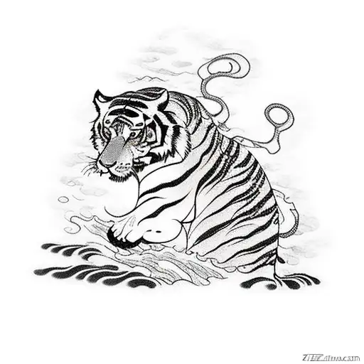 tiger back, climbing a mountain, river carp koi on the shore leprechaun with a fishing rod clouds  tattoo design idea