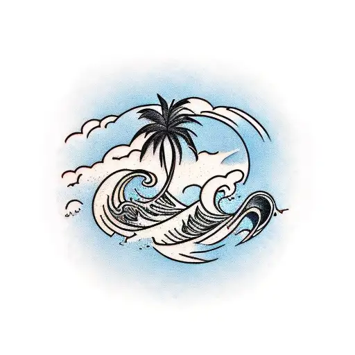 Palm tree and Waves tattoo design idea