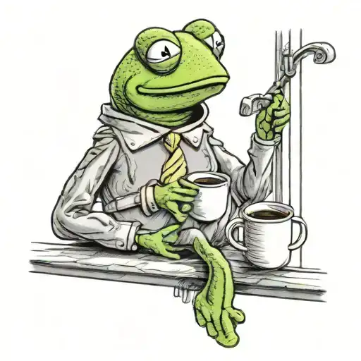 kermit sitting on a window sill and drinking coffee and looking outside and there's a peaceful day tattoo design idea