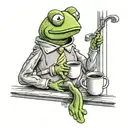 kermit sitting on a window sill and drinking coffee and looking outside and there's a peaceful day tattoo design idea