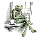 kermit sitting on a window sill and drinking coffee and looking outside and there's a peaceful day tattoo design idea