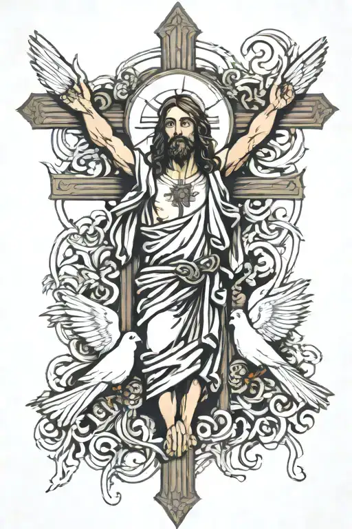 Jesus on cross with designs behing him with a white dove. Forearm. He is on the cross  tattoo design idea