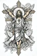 Jesus on cross with designs behing him with a white dove. Forearm. He is on the cross  tattoo design idea