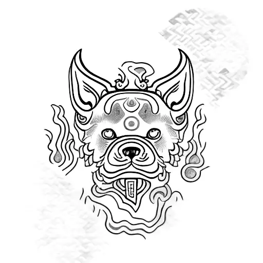 A minimalist tattoo of a Turquoise dog with Japanese kanji characters representing loyalty and strength tattoo design idea