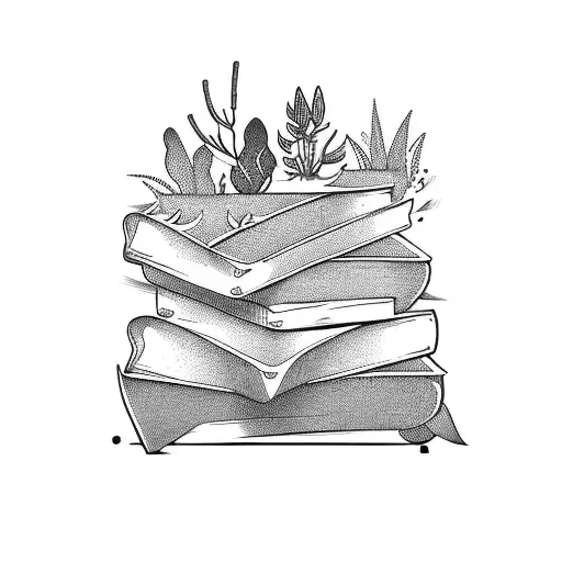 A stack of books with plants growing out of them tattoo design idea