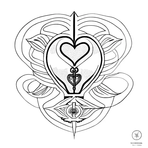Line art, black and white, the sacred heart of Jesus, words "Omni Ad" wrapped above & "Caritas Dei" wrapped below tattoo design idea