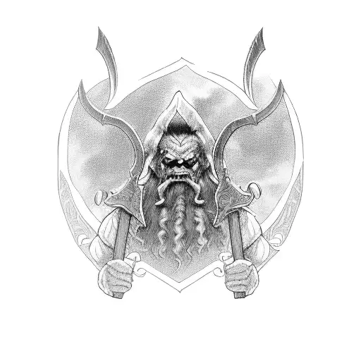 Gimli wielding his axe in a fierce battle stance tattoo design idea