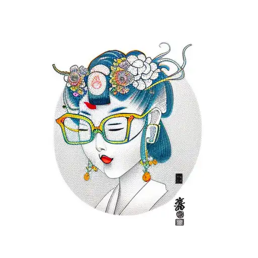 Geisha with glasses and rave earring  tattoo design idea