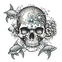 A skull adorned with various precious gemstones, surrounded by sharks and turtles tattoo design idea
