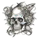 A skull adorned with various precious gemstones, surrounded by sharks and turtles tattoo design idea