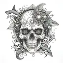 A skull adorned with various precious gemstones, surrounded by sharks and turtles tattoo design idea
