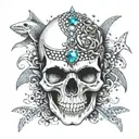 A skull adorned with various precious gemstones, surrounded by sharks and turtles tattoo design idea