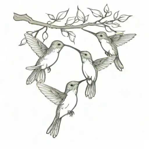 3 humming bird (parents and baby) perched on a tree branch tattoo design idea