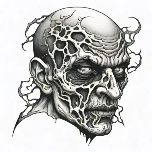 dark creepy disfigured face tattoo design idea