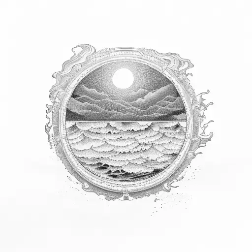 A mesmerizing mirror reflecting the vast ocean with crashing waves and a serene sunset tattoo design idea