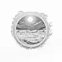 A mesmerizing mirror reflecting the vast ocean with crashing waves and a serene sunset tattoo design idea