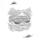 A mesmerizing mirror reflecting the vast ocean with crashing waves and a serene sunset tattoo design idea