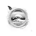 A mesmerizing mirror reflecting the vast ocean with crashing waves and a serene sunset tattoo design idea