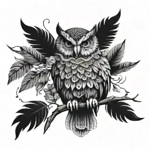 A detailed blackwork tattoo of a majestic owl perched on a branch surrounded by delicate feathers, incorporating elements of nature such as leaves and flowers tattoo design idea