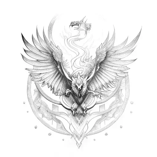 A tattoo featuring an eagle, dragon, and wolf intertwined in a mystical forest setting tattoo design idea