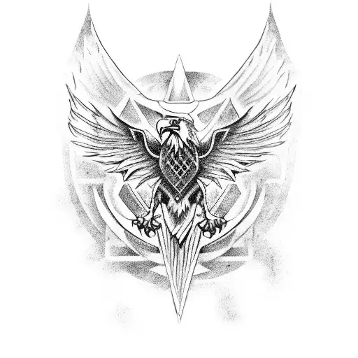 A bold and powerful tattoo depicting an eagle, dragon, and wolf in a symmetrical composition tattoo design idea