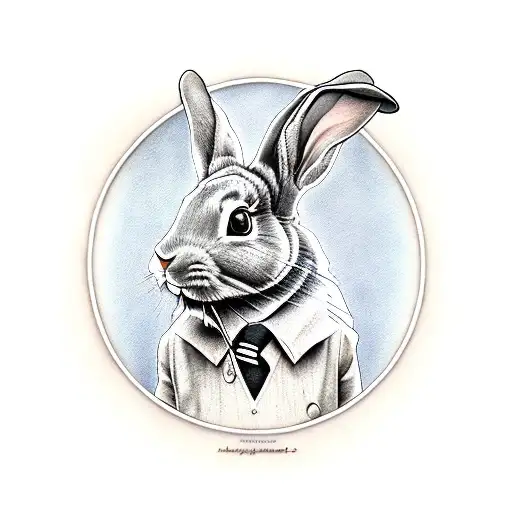 A realistic portrait of a floppy ear rabbit playing a cigar box guitar tattoo design idea