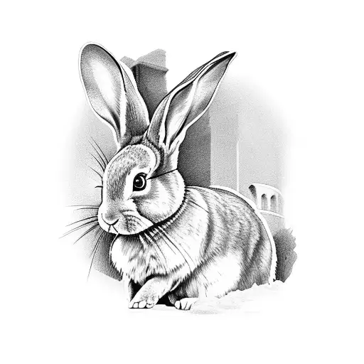 A black and grey tattoo of a rabbit playing a guitar in front of the Colosseum in Rome tattoo design idea