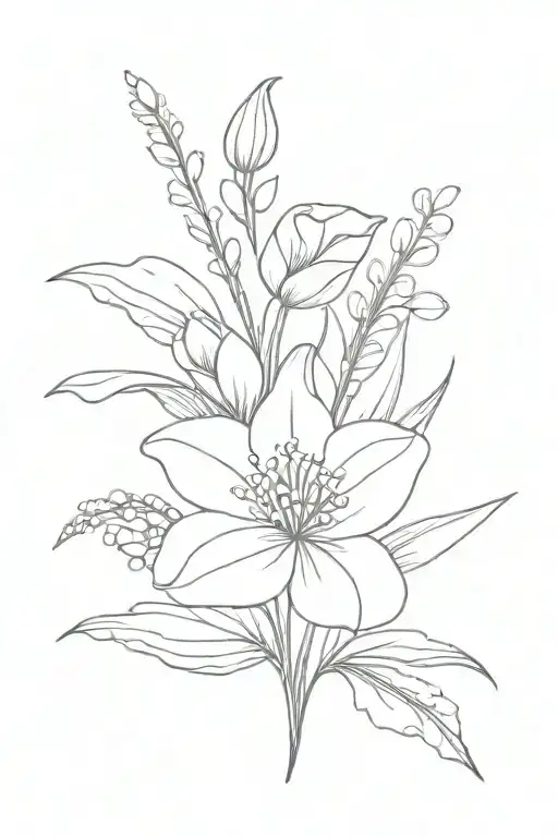 Bouquet of minimalist flowers   violet, daisy, lily of the valley, rose, poppy, lily tattoo design idea
