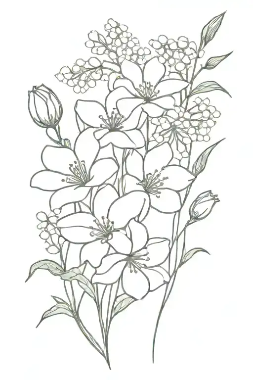Bouquet of minimalist flowers   violet, daisy, lily of the valley, rose, poppy, lily tattoo design idea