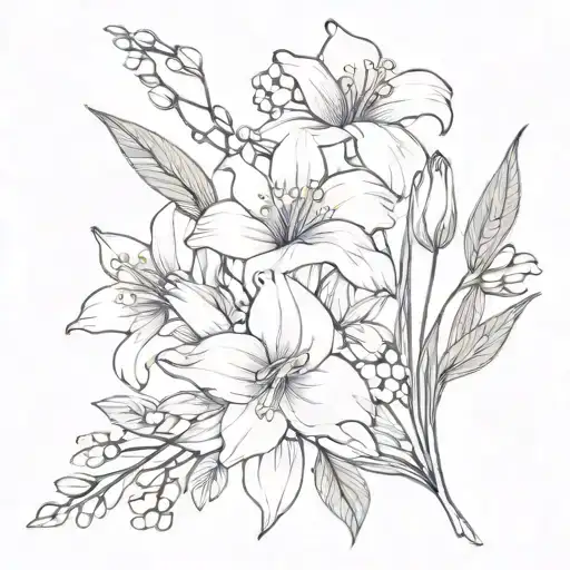 Bouquet of minimalist flowers   violet, daisy, lily of the valley, rose, poppy, lily tattoo design idea