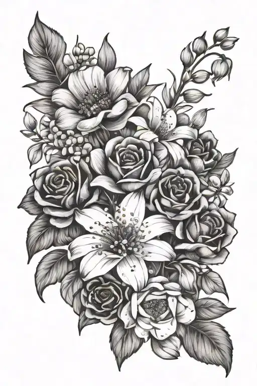 Bouquet of minimalist flowers   violet, daisy, lily of the valley, rose, poppy, lily tattoo design idea