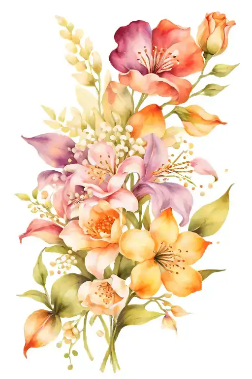 Bouquet of minimalist flowers   violet, daisy, lily of the valley, rose, poppy, lily tattoo design idea