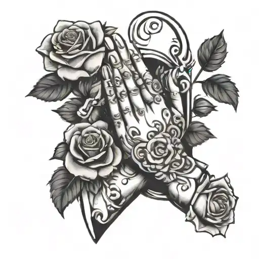 praying hands with roses and letter P  tattoo design idea