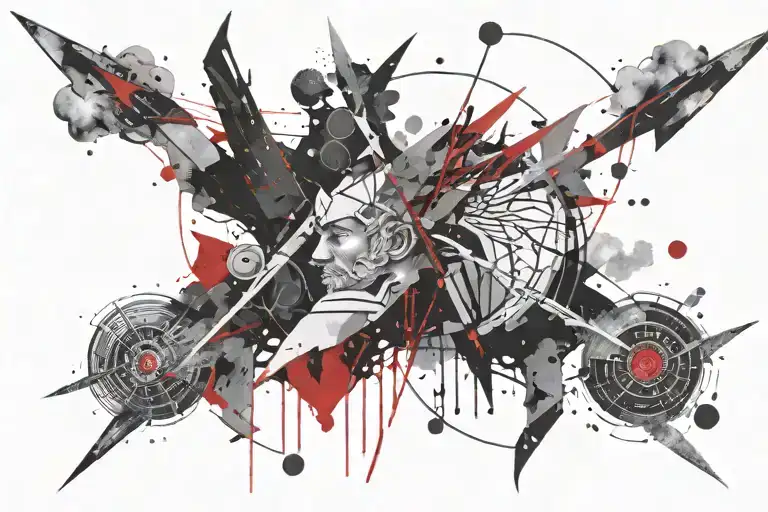 A Sagittarius constellation tattoo with Zeus' face subtly incorporated into the design, in a black-grey style tattoo design idea