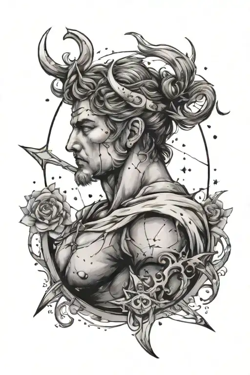 A Sagittarius constellation tattoo with Zeus' face subtly incorporated into the design, in a black-grey style tattoo design idea