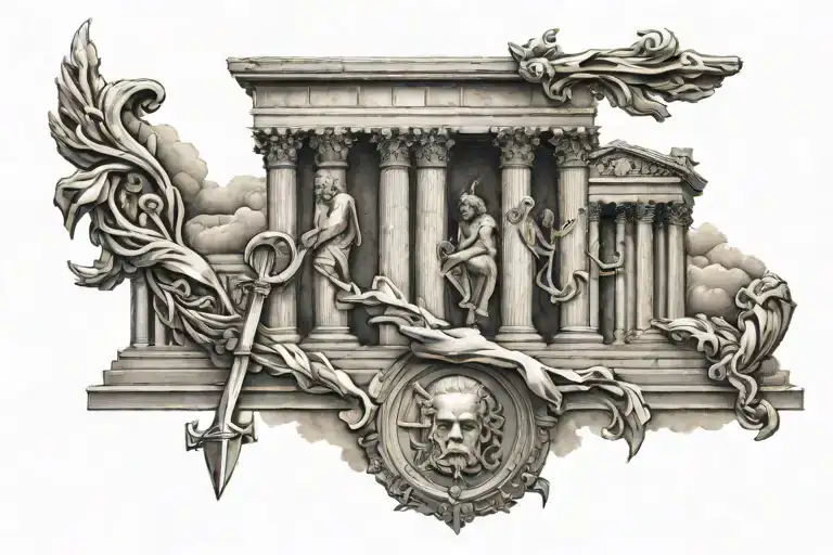Zeus, Sagittarius, Temple of Zeus, sleeve, clasp, thunder, arrows tattoo design idea