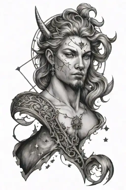 A Sagittarius constellation tattoo with Zeus' face subtly incorporated into the design, in a black-grey style tattoo design idea