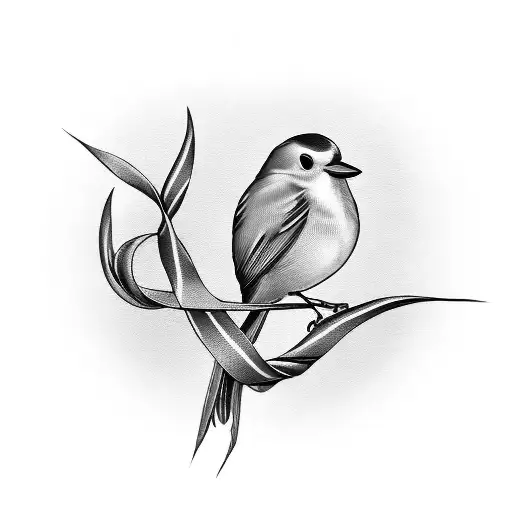 A black-grey tattoo of a ribbon elegantly twisted into the shape of a robin, with the name 'Roberta' gracefully written alongside, representing the everlasting bond between you and your mom. tattoo design idea