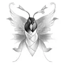 A black-grey tattoo of a ribbon elegantly twisted into the shape of a robin, with the name 'Roberta' gracefully written alongside, representing the everlasting bond between you and your mom. tattoo design idea