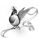 A black-grey tattoo of a ribbon elegantly twisted into the shape of a robin, with the name 'Roberta' gracefully written alongside, representing the everlasting bond between you and your mom. tattoo design idea