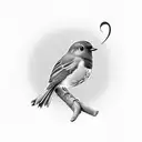 A black-grey tattoo of a ribbon elegantly twisted into the shape of a robin, with the name 'Roberta' gracefully written alongside, representing the everlasting bond between you and your mom. tattoo design idea