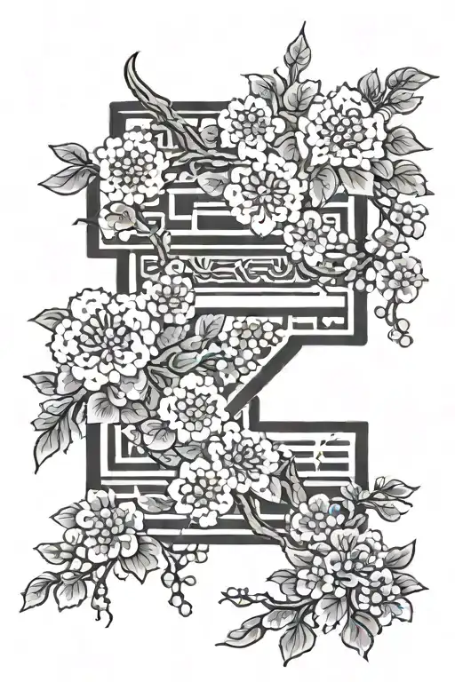 Rectangle with japanese letters, filled with blossoms tattoo design idea