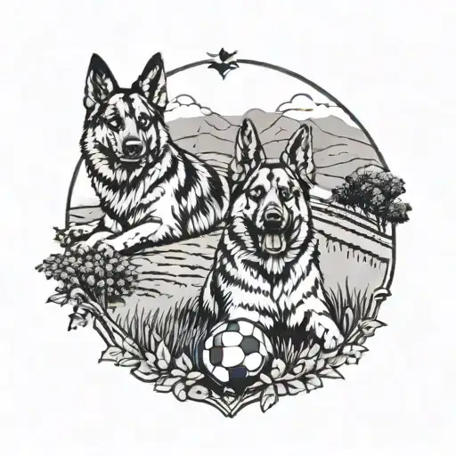 A vineyard landscape tattoo with a football field in the background, showcasing your love for wine and football, with subtle paw prints of your German shepherd and Belgian malinois intertwined in the design tattoo design idea