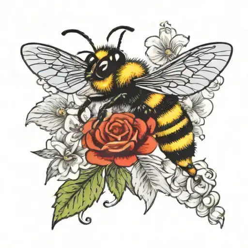 flowers with bee flying tattoo design idea