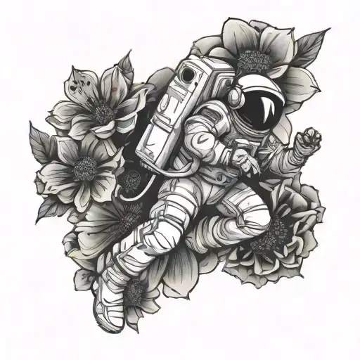 astronaut falling into flower tattoo design idea