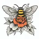 flowers with bee flying tattoo design idea
