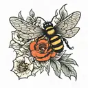 flowers with bee flying tattoo design idea